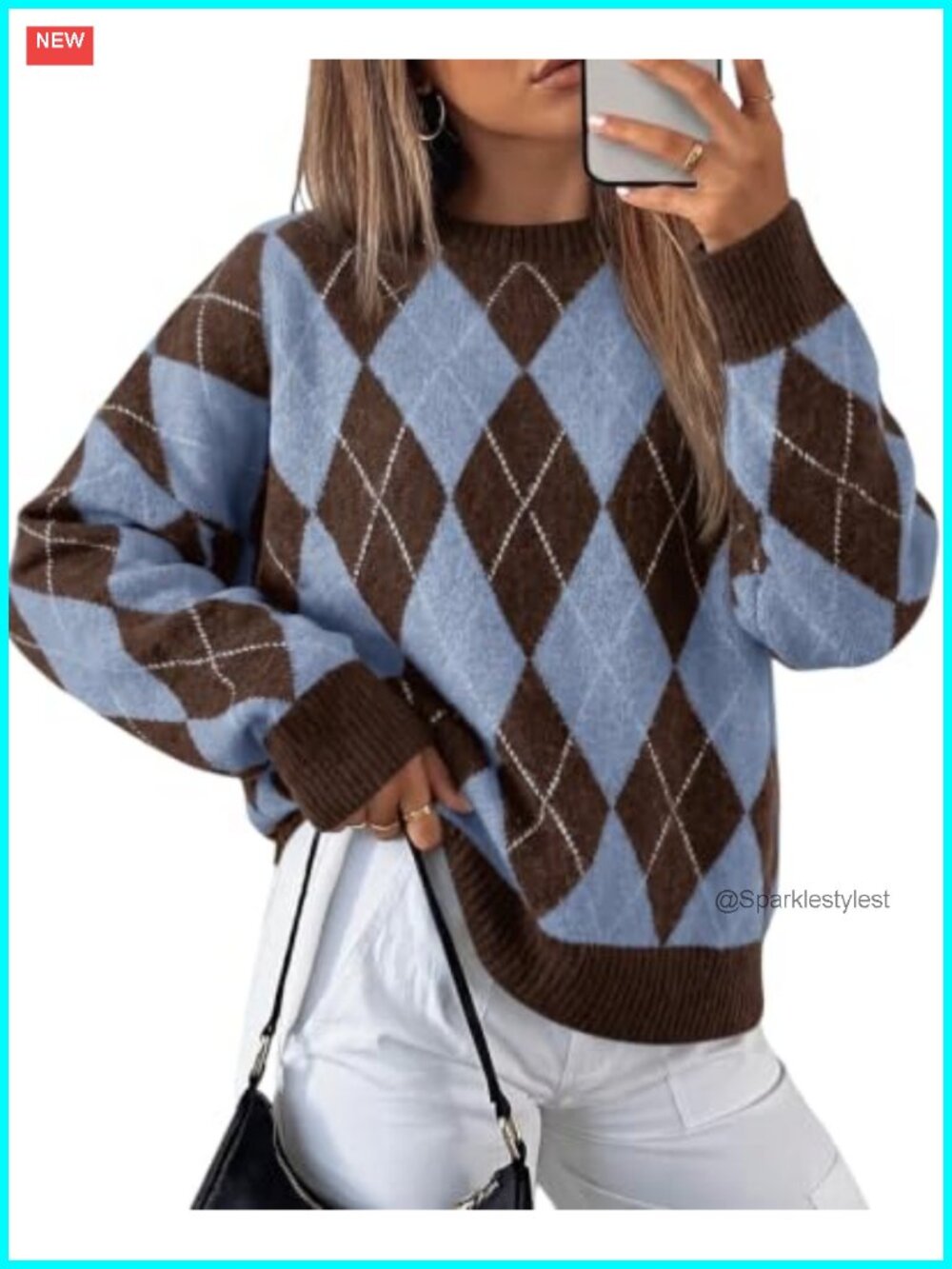 Oversized Argyle Plaid Knit Pullover Sweater Long Sleeve